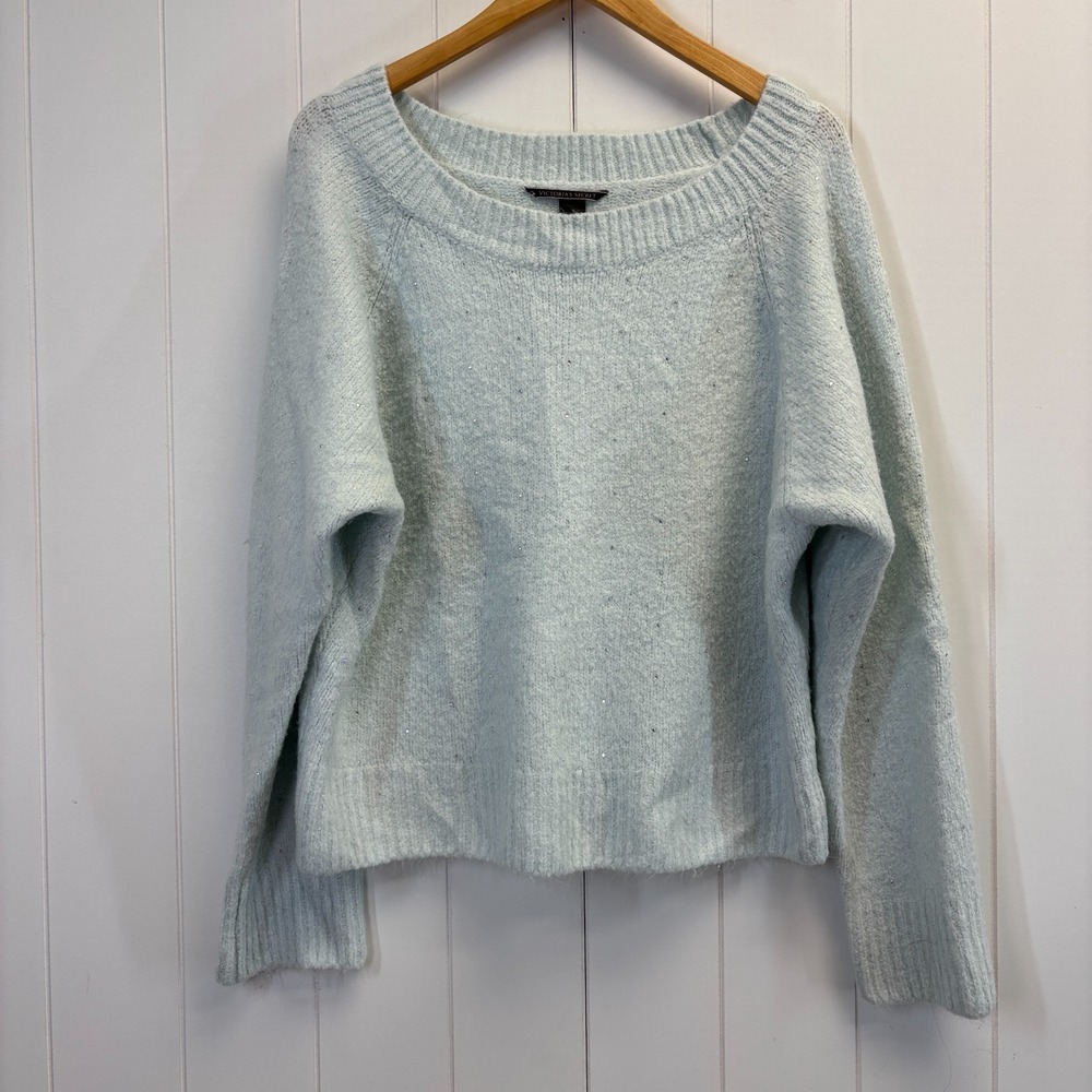 Victoria Secret Womens Preppy Bling Fuzzy Sweater Size L Ice Blue Cozy Holiday